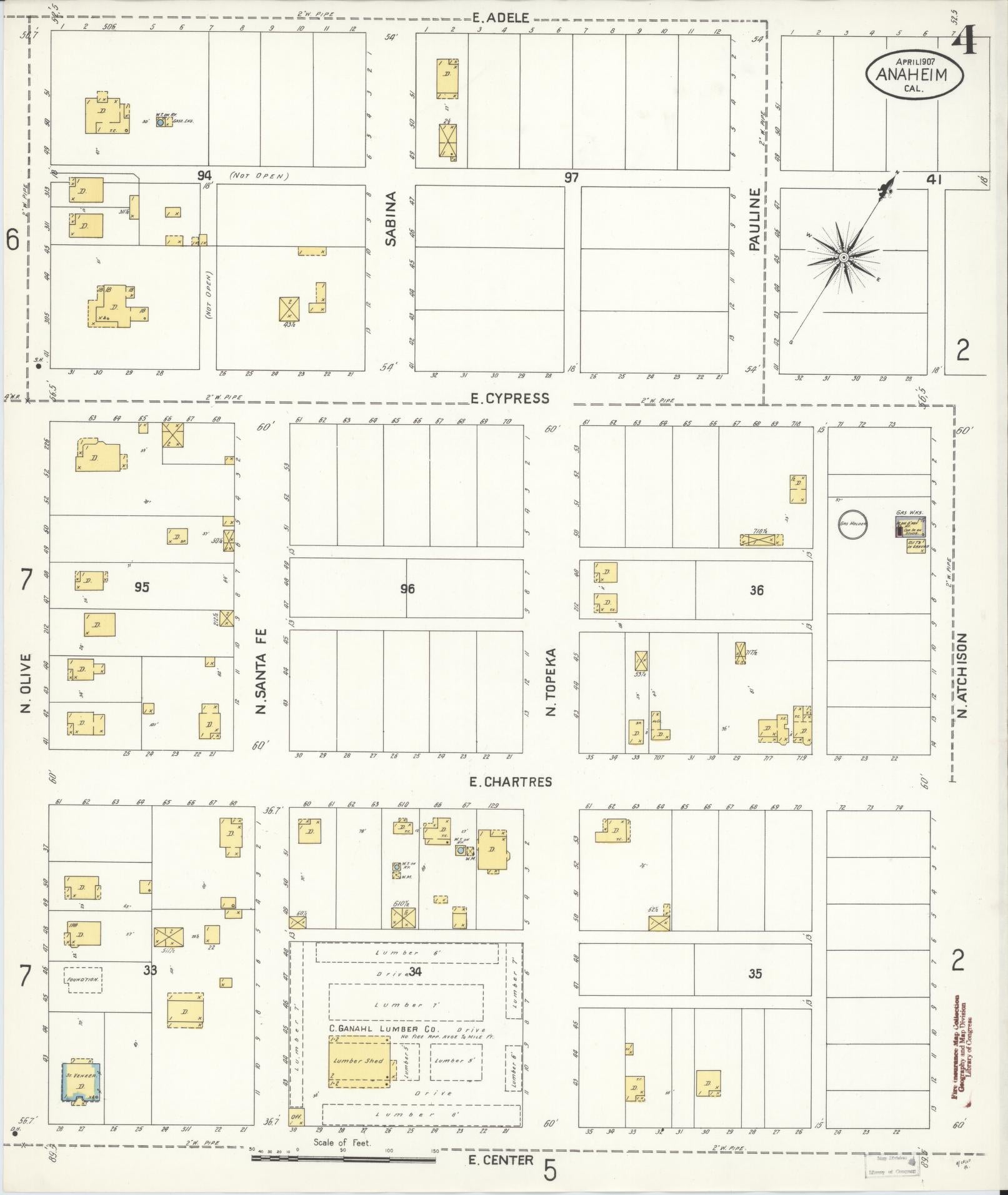 Sanborn Fire Insurance Map from Anaheim, Orange County, California (1907), Sheet #0004 - Historic Sanborn Fire Insurance Map Print, vintage old map wall art, antique decor, genealogy gift, California California map