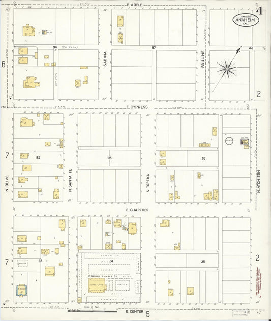 Sanborn Fire Insurance Map from Anaheim, Orange County, California (1907), Sheet #0004 - Historic Sanborn Fire Insurance Map Print, vintage old map wall art, antique decor, genealogy gift, California California map