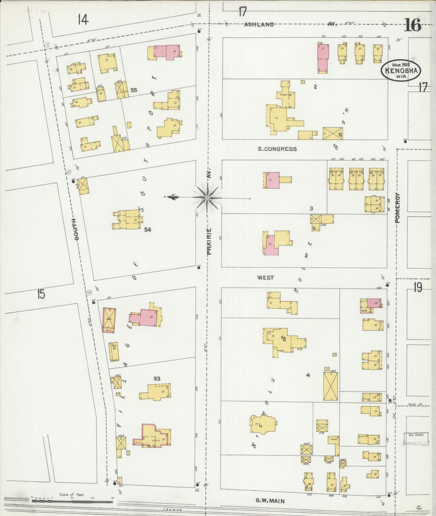 Sanborn Fire Insurance Map from Kenosha, Kenosha County, Wisconsin (1905), Sheet #0016 - Complete Map Set gallery image, historic Sanborn map, vintage wall art, Wisconsin Wisconsin