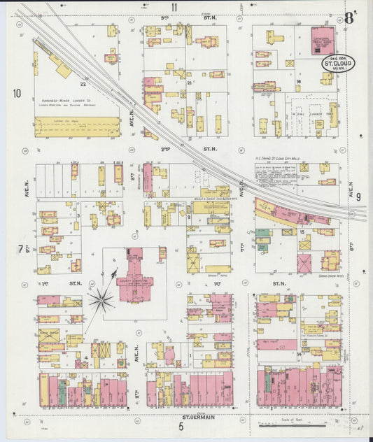 Sanborn Fire Insurance Map from Saint Cloud, Stearns, Benton, and Sherburne Counties, Minnesota (1904), Sheet #0008 - Historic Sanborn Fire Insurance Map Print, vintage old map wall art, antique decor, genealogy gift, Minnesota Minnesota map