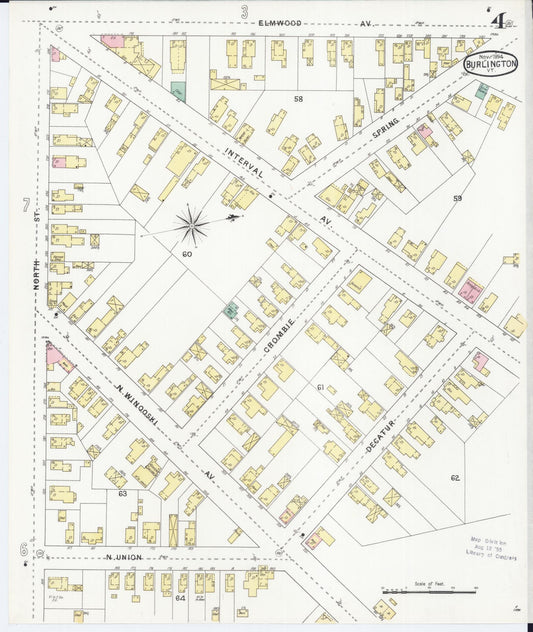 Sanborn Fire Insurance Map from Burlington, Chittenden County, Vermont (1894), Sheet #0004 - Historic Sanborn Fire Insurance Map Print, vintage old map wall art, antique decor, genealogy gift, Vermont Vermont map