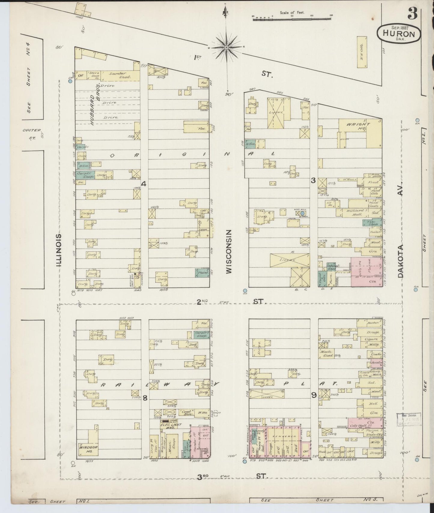 Sanborn Fire Insurance Map from Huron, Beadle County, South Dakota (1887), Sheet #0003 - Complete Map Set gallery image, historic Sanborn map, vintage wall art, South Dakota South Dakota