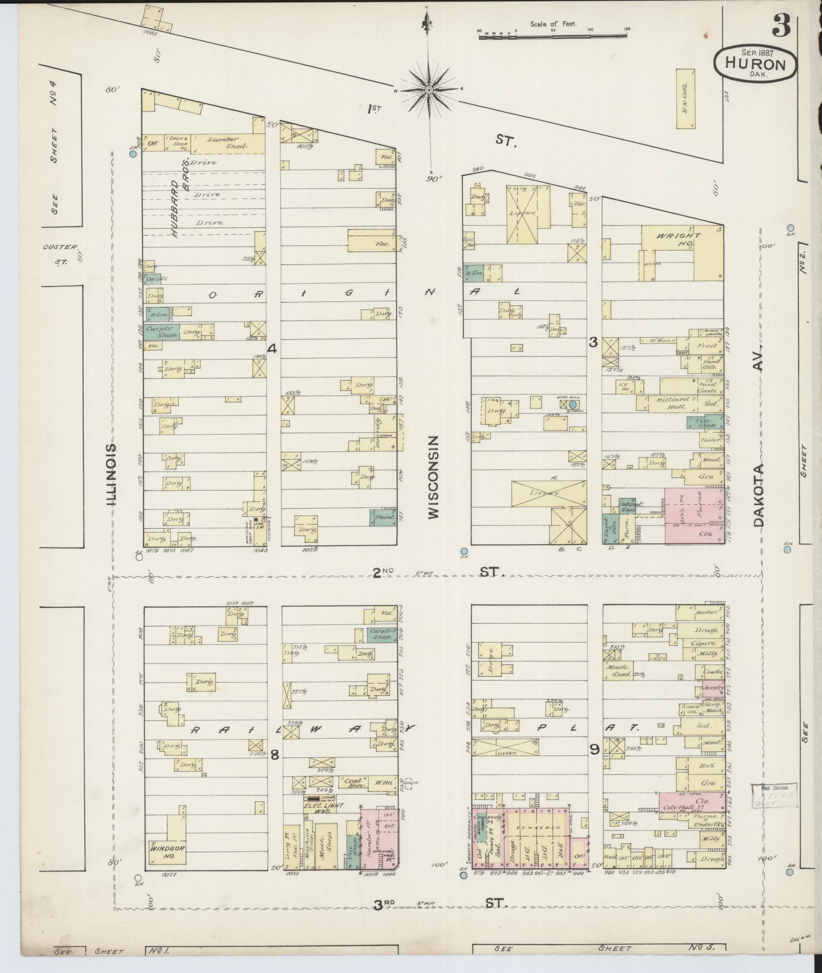 Sanborn Fire Insurance Map from Huron, Beadle County, South Dakota (1887), Sheet #0003 - Complete Map Set gallery image, historic Sanborn map, vintage wall art, South Dakota South Dakota