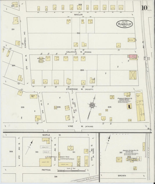 Sanborn Fire Insurance Map from Humboldt, Gibson County, Tennessee (1915), Sheet #0010 - Historic Sanborn Fire Insurance Map Print, vintage old map wall art, antique decor, genealogy gift, Tennessee Tennessee map