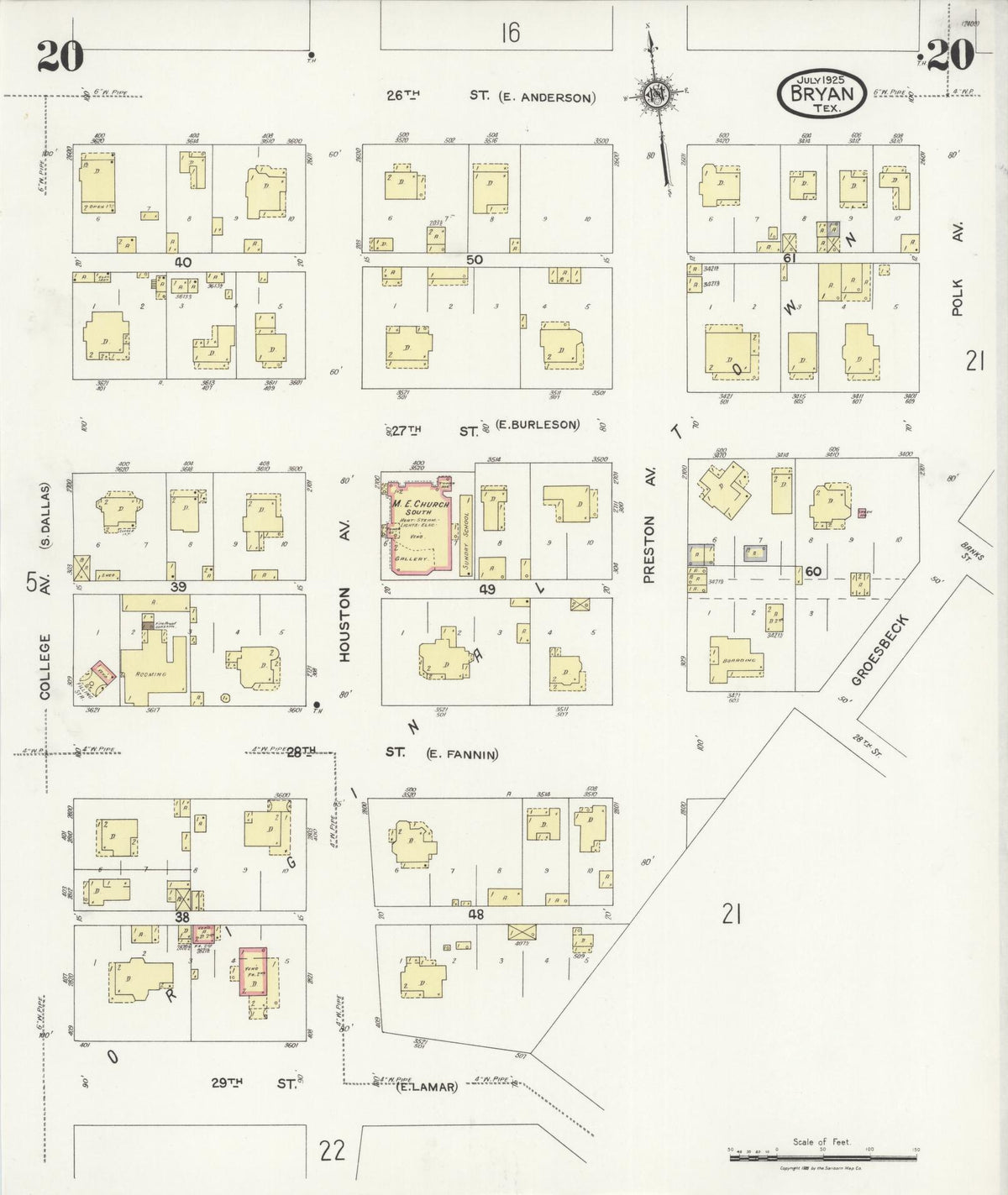 Sanborn Fire Insurance Map from Bryan, Brazos County, Texas (1925), Sheet #0020 - Complete Map Set gallery image, historic Sanborn map, vintage wall art, Texas Texas