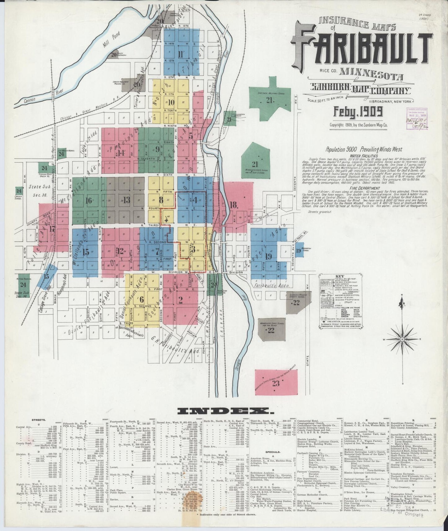 Sanborn Fire Insurance Map from Faribault, Rice County, Minnesota (1909), Sheet #0001 - Historic Sanborn Fire Insurance Map Print, vintage old map wall art, antique decor, genealogy gift, Minnesota Minnesota map