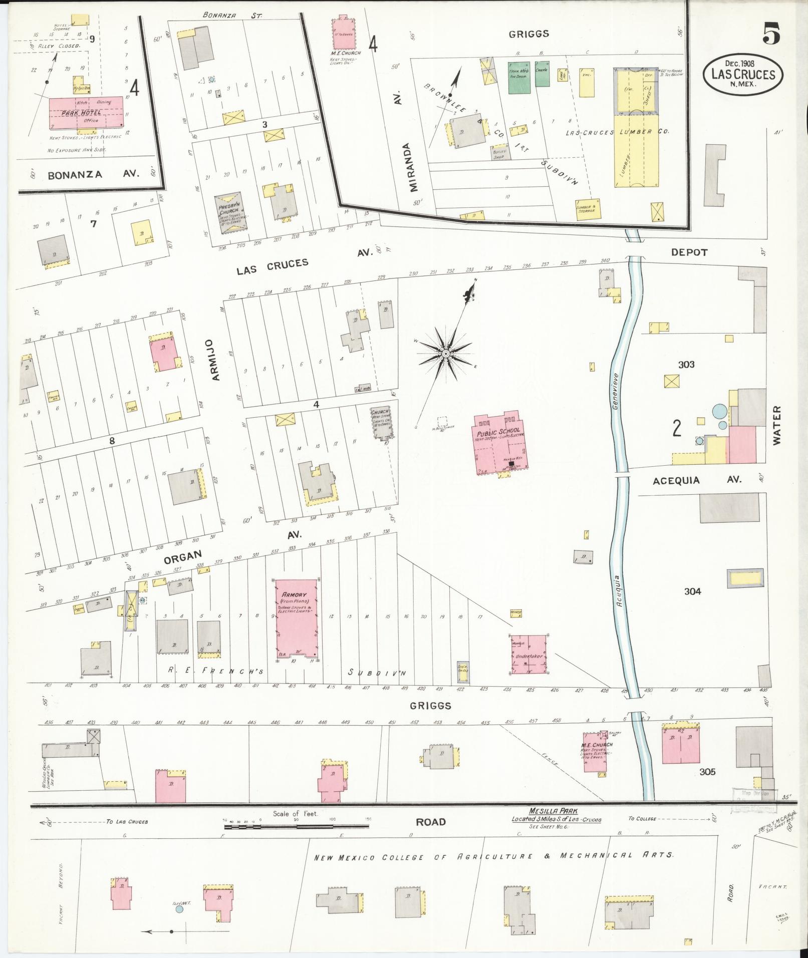 Sanborn Fire Insurance Map from Las Cruces, Dona Ana County, New Mexico (1908), Sheet #0005 - Complete Map Set gallery image, historic Sanborn map, vintage wall art, New Mexico New Mexico