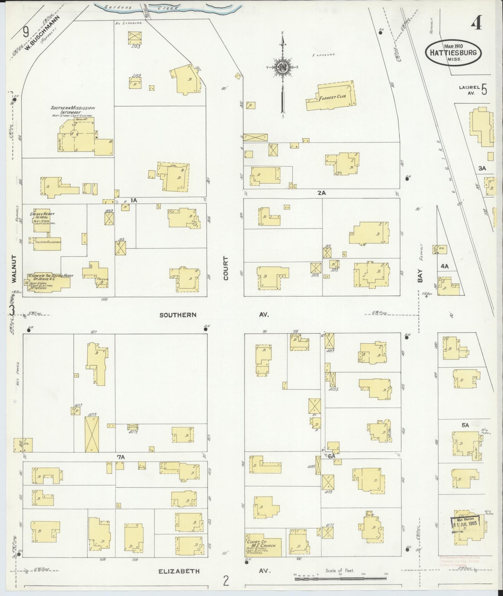 Sanborn Fire Insurance Map from Hattiesburg, Forrest County, Mississippi (1910), Sheet #0004 - Historic Sanborn Fire Insurance Map Print, vintage old map wall art, antique decor, genealogy gift, Mississippi Mississippi map