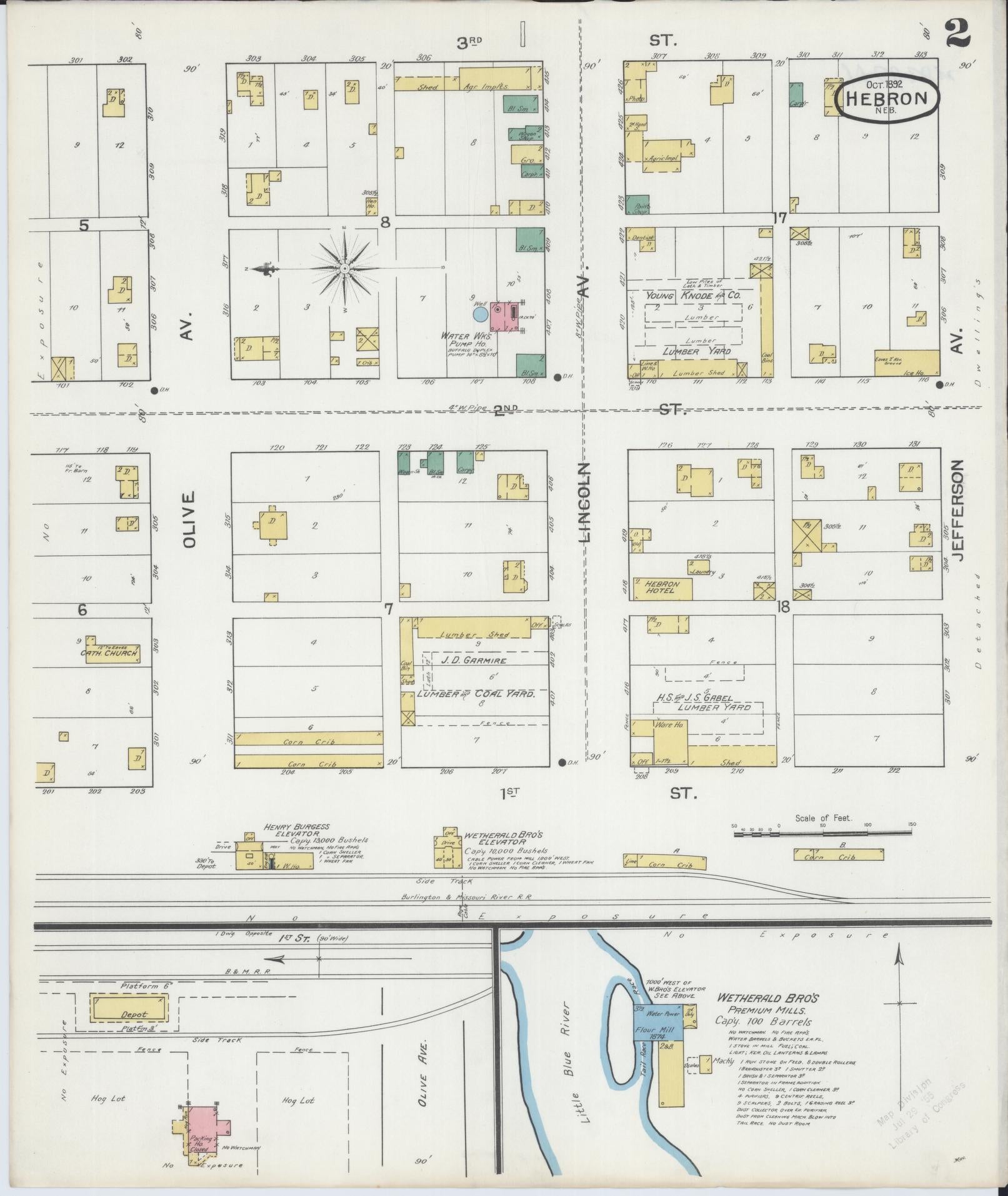 Sanborn Fire Insurance Map from Hebron, Thayer County, Nebraska (1892), Sheet #0002 - Complete Map Set gallery image, historic Sanborn map, vintage wall art, Nebraska Nebraska