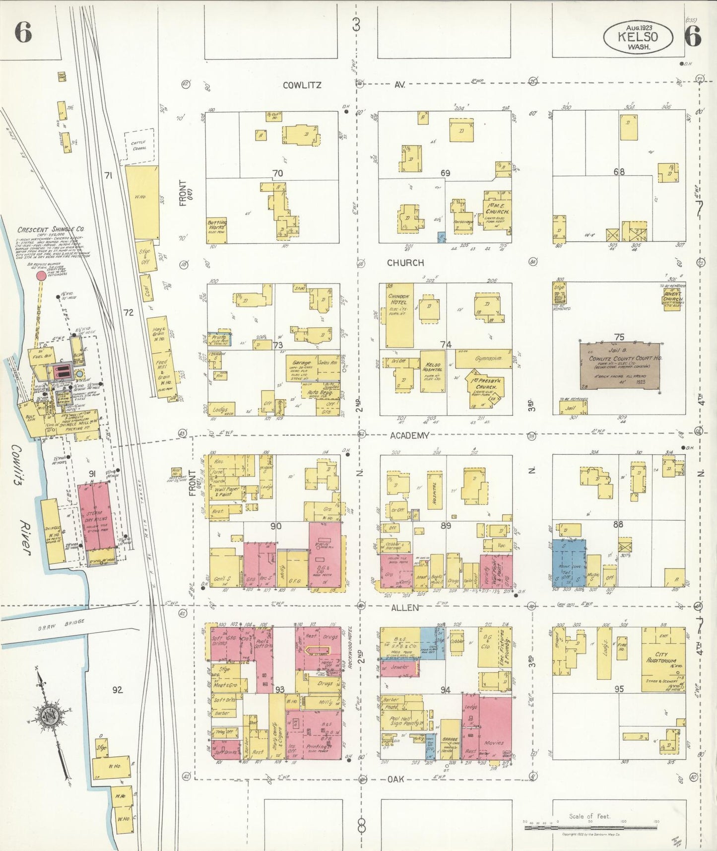Sanborn Fire Insurance Map from Kelso, Cowlitz County, Washington (1923), Sheet #0006 - Complete Map Set gallery image, historic Sanborn map, vintage wall art, Washington Washington