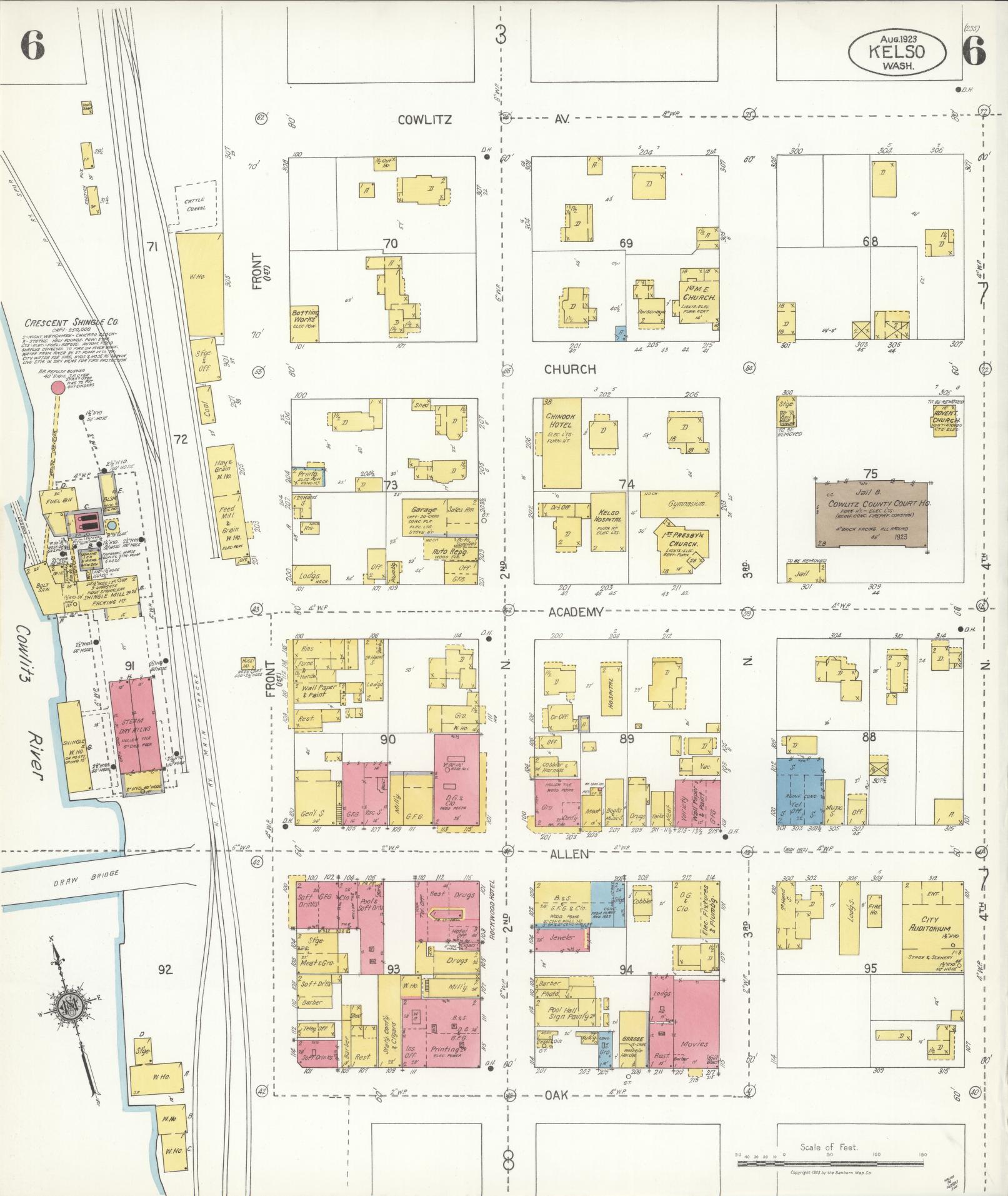 Sanborn Fire Insurance Map from Kelso, Cowlitz County, Washington (1923), Sheet #0006 - Complete Map Set gallery image, historic Sanborn map, vintage wall art, Washington Washington