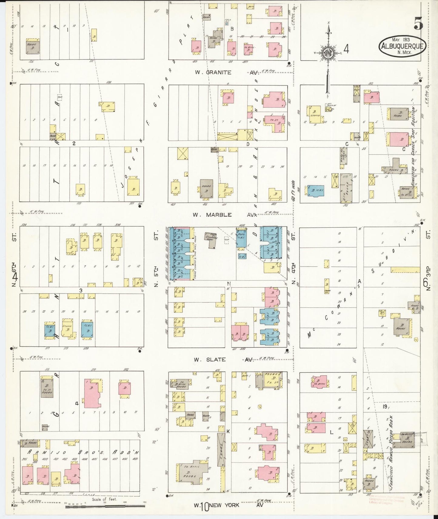 Sanborn Fire Insurance Map from Albuquerque, Bernalillo County, New Mexico (1913), Sheet #0005 - Historic Sanborn Fire Insurance Map Print, vintage old map wall art, antique decor, genealogy gift, New Mexico New Mexico map