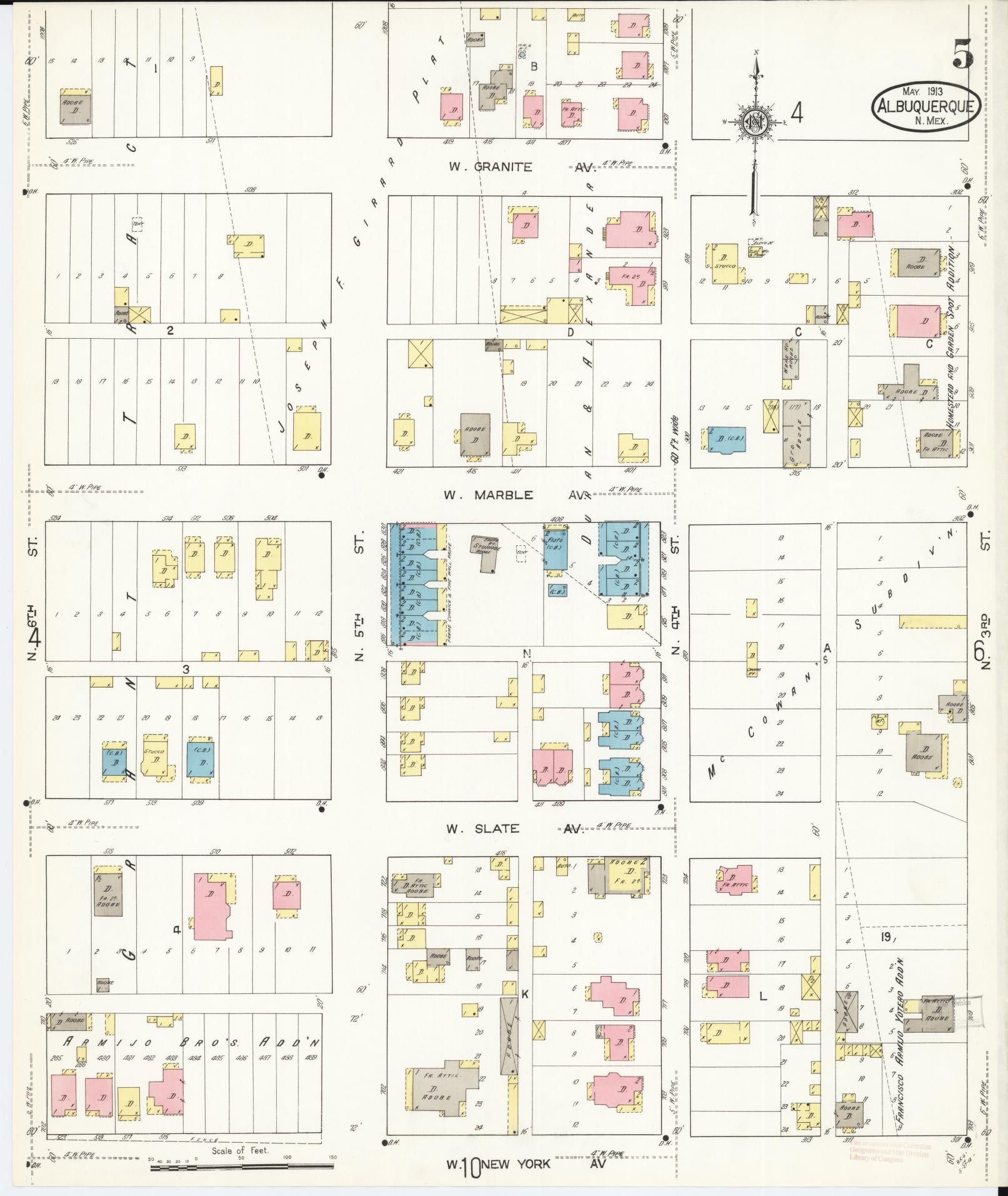 Sanborn Fire Insurance Map from Albuquerque, Bernalillo County, New Mexico (1913), Sheet #0005 - Historic Sanborn Fire Insurance Map Print, vintage old map wall art, antique decor, genealogy gift, New Mexico New Mexico map