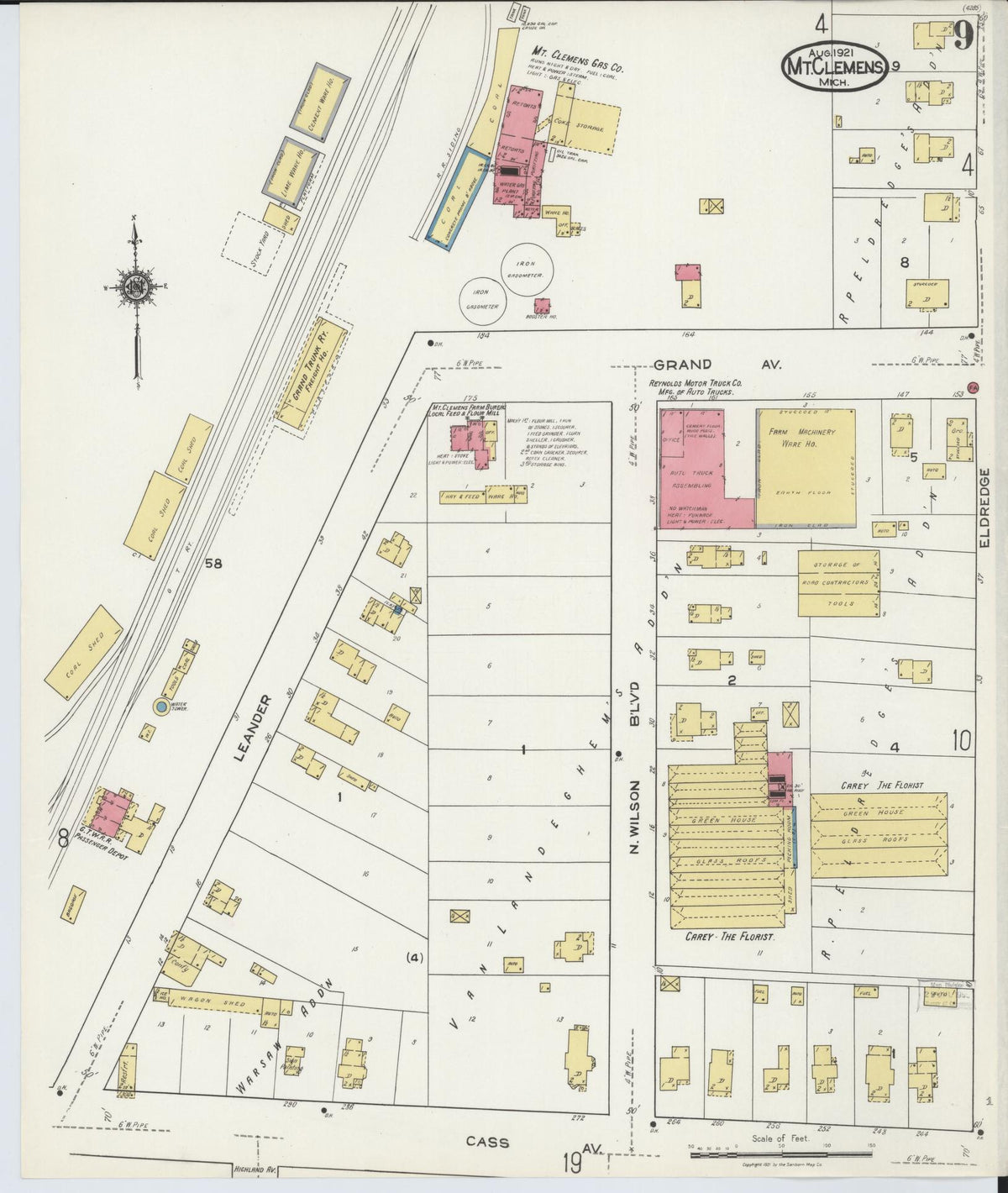 Sanborn Fire Insurance Map from Mount Clemens, Macomb County, Michigan (1921), Sheet #0009 - Historic Sanborn Fire Insurance Map Print, vintage old map wall art, antique decor, genealogy gift, Michigan Michigan map
