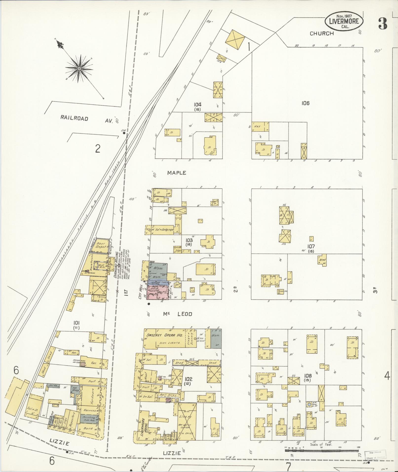 Sanborn Fire Insurance Map from Livermore, Alameda County, California (1907), Sheet #0003 - Historic Sanborn Fire Insurance Map Print, vintage old map wall art, antique decor, genealogy gift, California California map