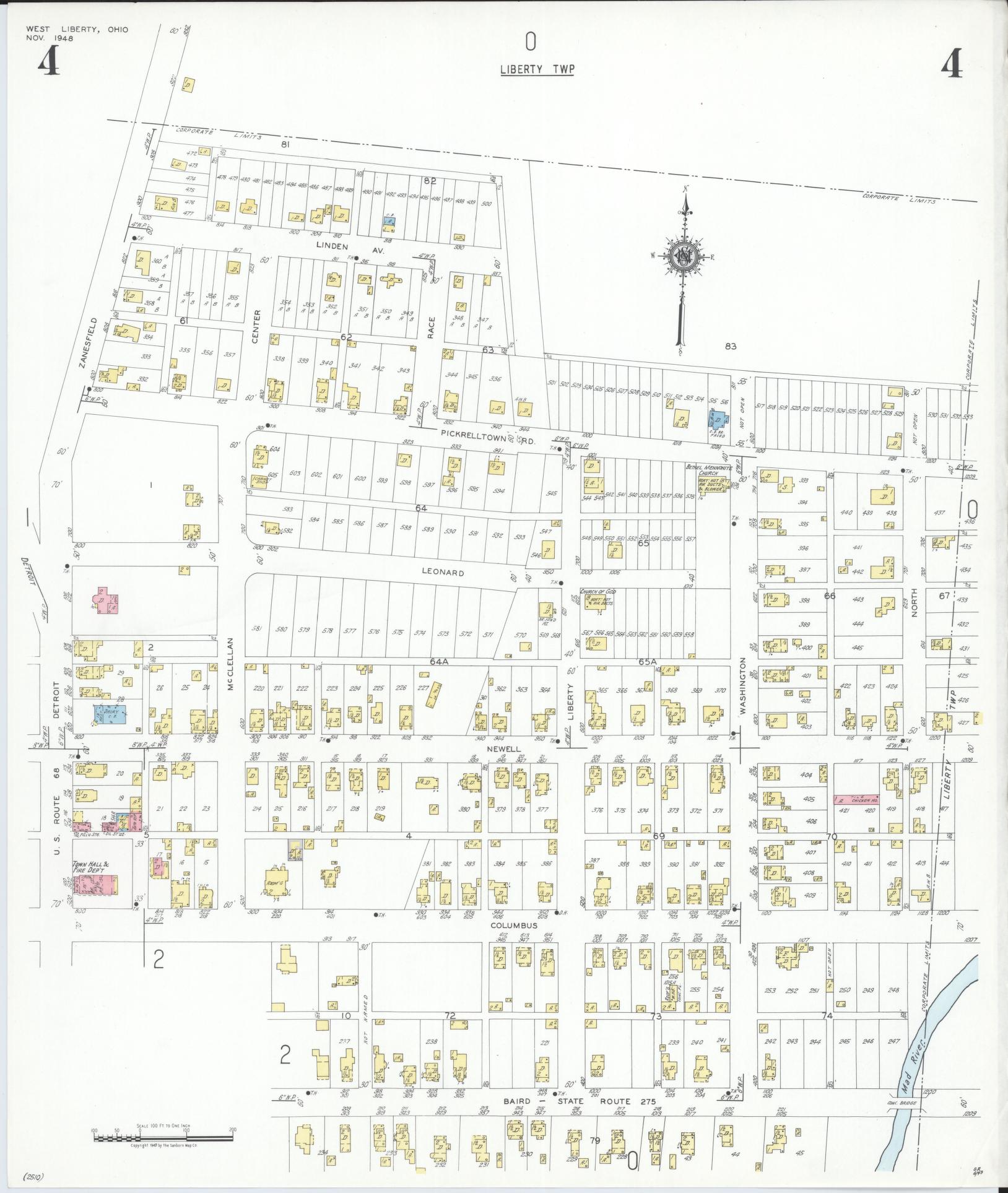 Sanborn Fire Insurance Map from West Liberty, Logan County, Ohio (1948), Sheet #0004 - Historic Sanborn Fire Insurance Map Print, vintage old map wall art, antique decor, genealogy gift, Ohio Ohio map