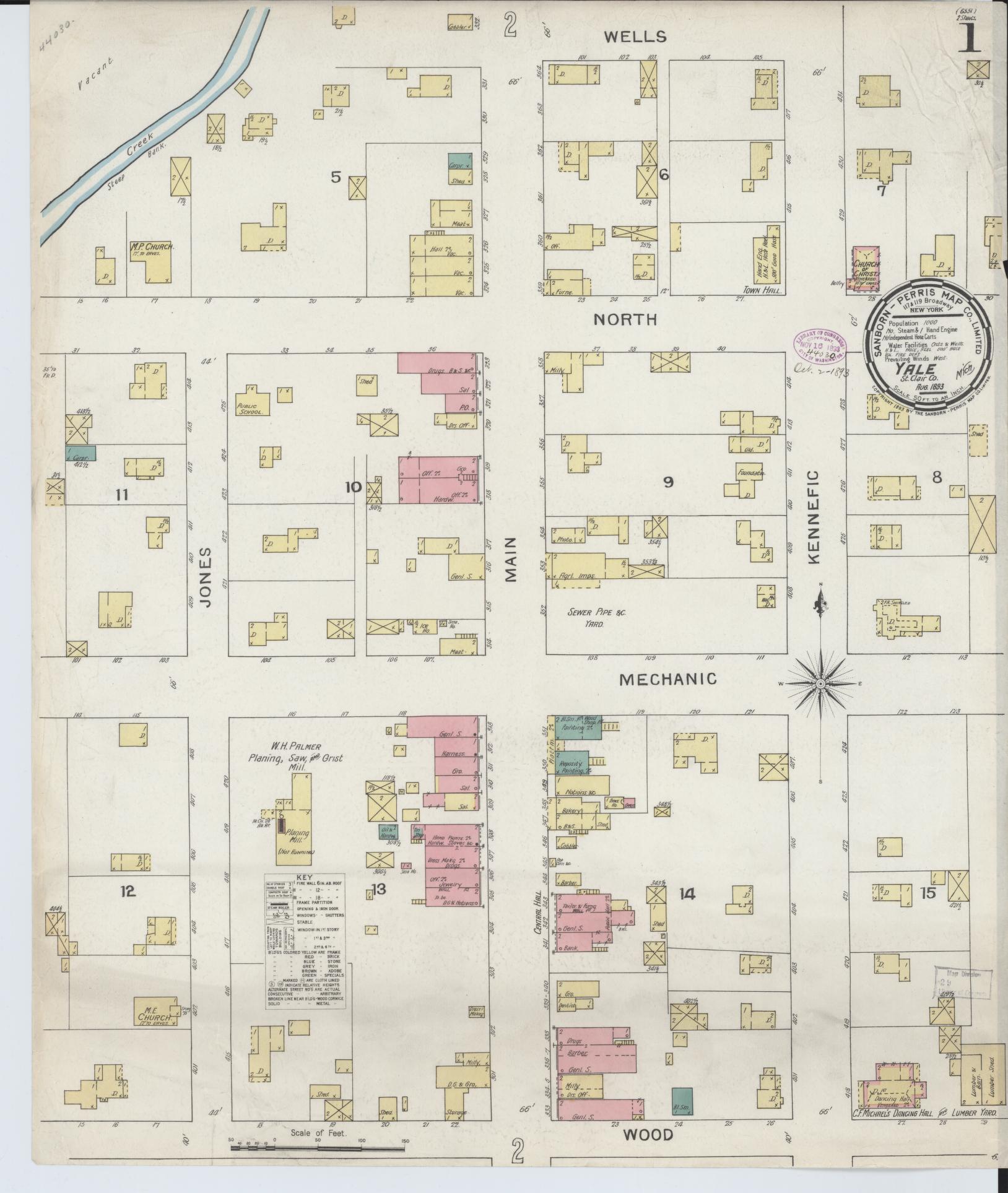 Sanborn Fire Insurance Map from Yale, Saint Clair County, Michigan (1893), Sheet #0001 - Historic Sanborn Fire Insurance Map Print, vintage old map wall art, antique decor, genealogy gift, Michigan Michigan map