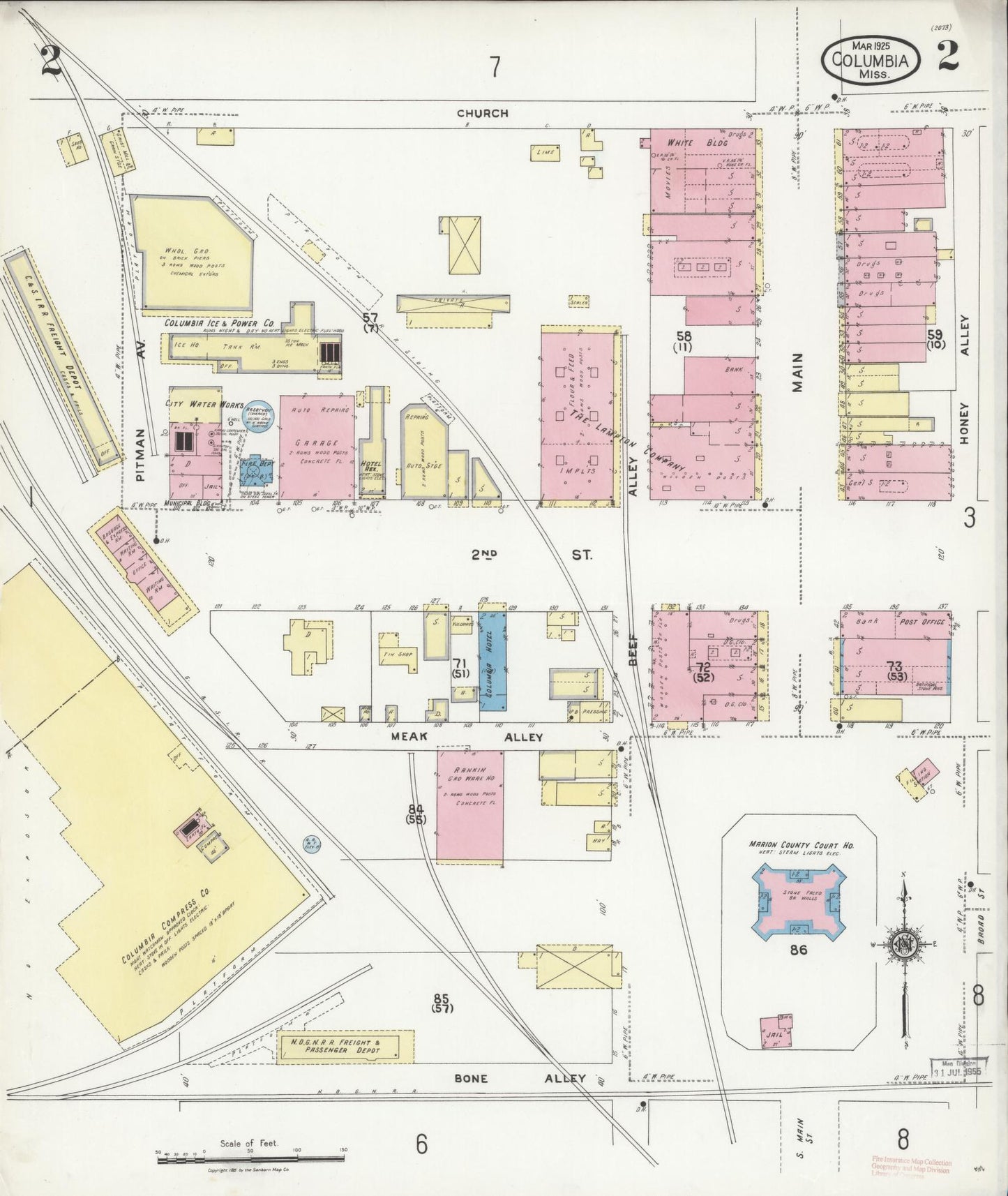 Sanborn Fire Insurance Map from Columbia, Marion County, Mississippi (1925), Sheet #0002 - Complete Map Set gallery image, historic Sanborn map, vintage wall art, Mississippi Mississippi