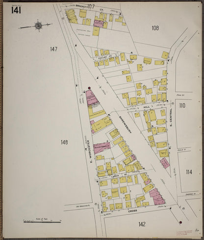 Sanborn Fire Insurance Map from Worcester, Worcester County, Massachusetts (1910), Sheet #0141 - Historic Sanborn Fire Insurance Map Print, vintage old map wall art, antique decor, genealogy gift, Massachusetts Massachusetts map