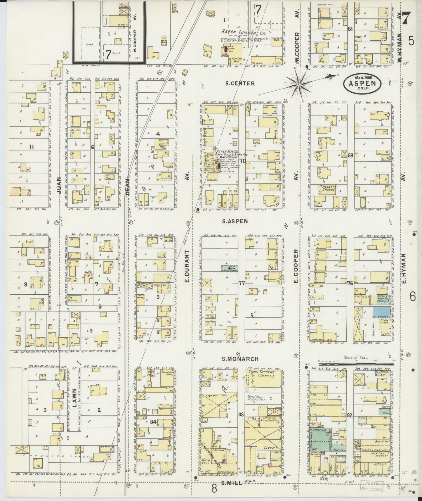 Sanborn Fire Insurance Map from Aspen, Pitkin County, Colorado (1898), Sheet #0007 - Historic Sanborn Fire Insurance Map Print, vintage old map wall art, antique decor, genealogy gift, Colorado Colorado map