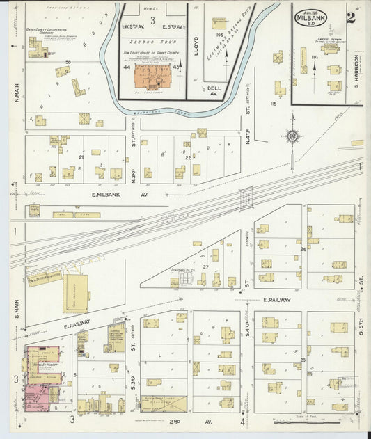 Sanborn Fire Insurance Map from Milbank, Grant County, South Dakota (1916), Sheet #0002 - Historic Sanborn Fire Insurance Map Print, vintage old map wall art, antique decor, genealogy gift, South Dakota South Dakota map