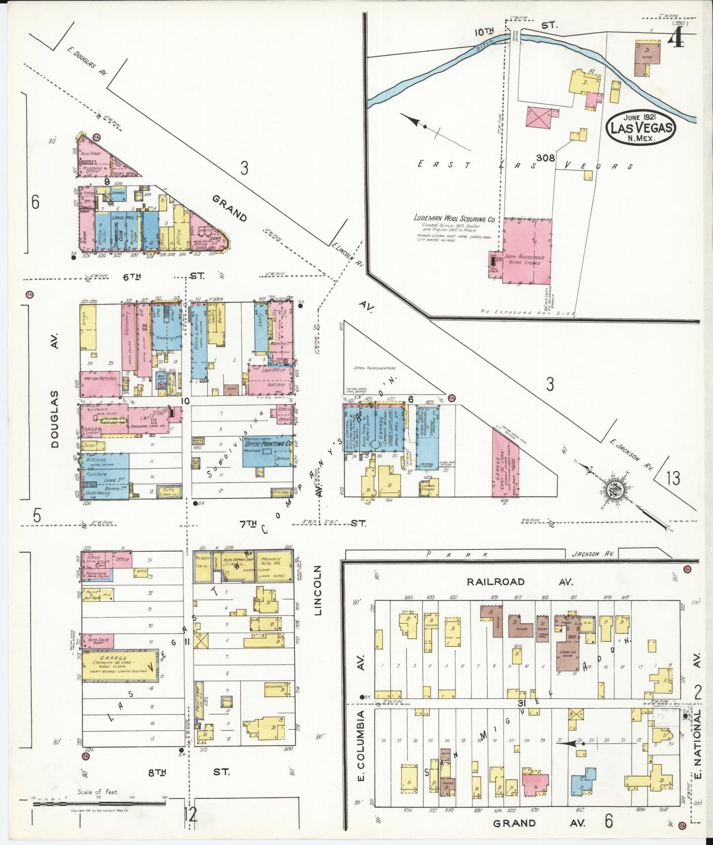Sanborn Fire Insurance Map from Las Vegas, San Miguel County, New Mexico (1921), Sheet #0004 - Historic Sanborn Fire Insurance Map Print, vintage old map wall art, antique decor, genealogy gift, New Mexico New Mexico map
