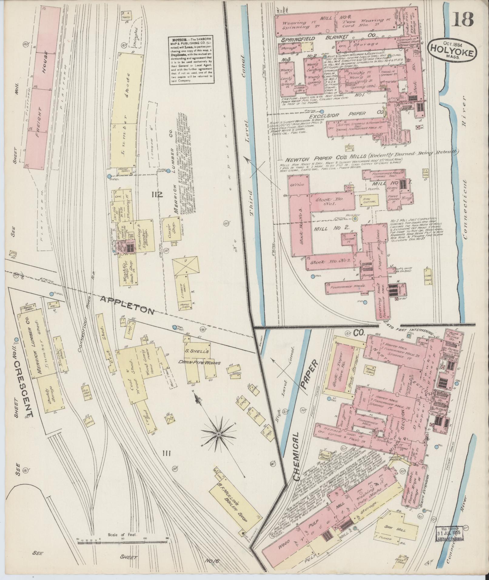 Sanborn Fire Insurance Map from Holyoke, Hampden County, Massachusetts (1884), Sheet #0018 - Historic Sanborn Fire Insurance Map Print, vintage old map wall art, antique decor, genealogy gift, Massachusetts Massachusetts map