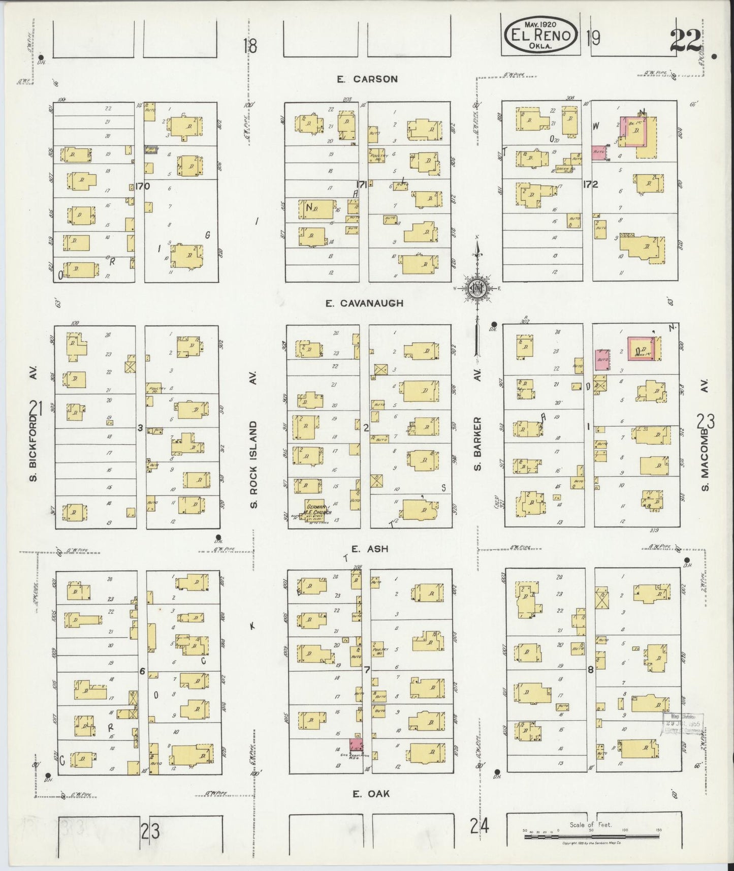 Sanborn Fire Insurance Map from El Reno, Canadian County, Oklahoma (1920), Sheet #0022 - Complete Map Set gallery image, historic Sanborn map, vintage wall art, Oklahoma Oklahoma