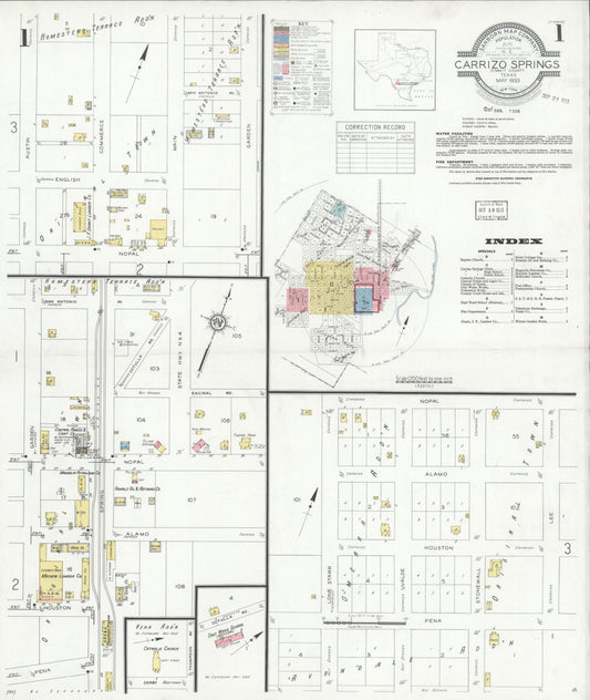 Sanborn Fire Insurance Map from Carrizo Springs, Dimmit County, Texas (1933), Sheet #0001 - Historic Sanborn Fire Insurance Map Print, vintage old map wall art, antique decor, genealogy gift, Texas Texas map