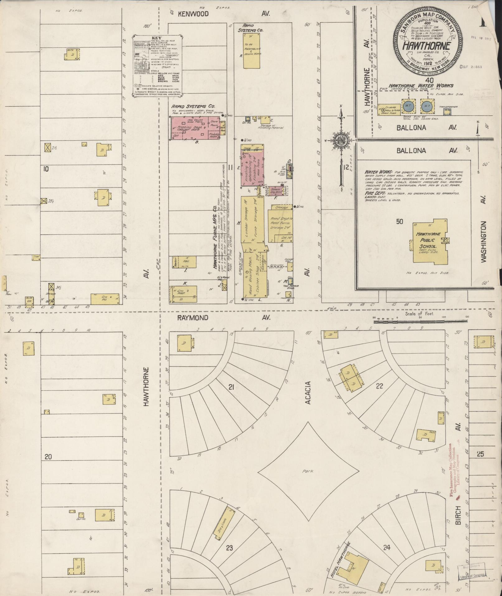 Sanborn Fire Insurance Map from Hawthorne, Los Angeles County, California (1912), Sheet #0001 - Historic Sanborn Fire Insurance Map Print, vintage old map wall art, antique decor, genealogy gift, California California map