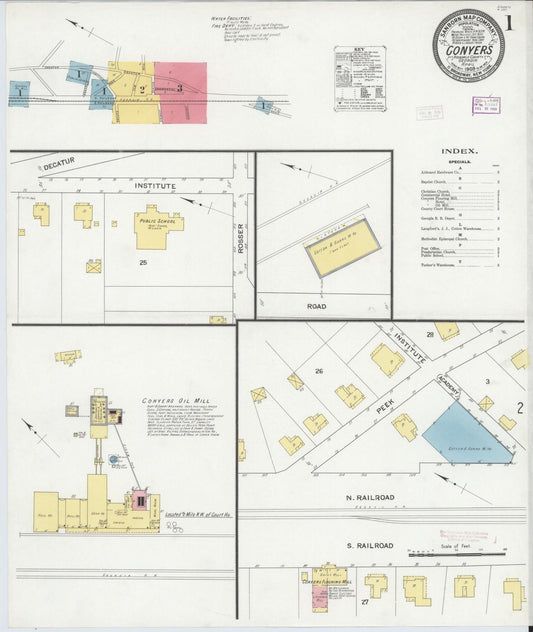 Sanborn Fire Insurance Map from Conyers, Rockdale County, Georgia (1909), Sheet #0001 - Historic Sanborn Fire Insurance Map Print, vintage old map wall art, antique decor, genealogy gift, Georgia Georgia map