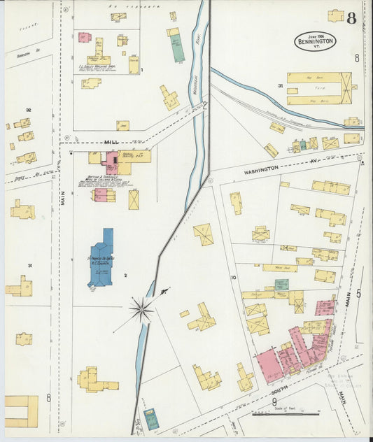 Sanborn Fire Insurance Map from Bennington, Bennington County, Vermont (1906), Sheet #0008 - Historic Sanborn Fire Insurance Map Print, vintage old map wall art, antique decor, genealogy gift, Vermont Vermont map