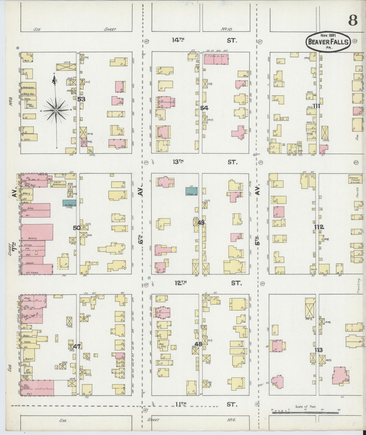 Sanborn Fire Insurance Map from Beaver Falls, Beaver County, Pennsylvania (1891), Sheet #0008 - Complete Map Set gallery image, historic Sanborn map, vintage wall art, Pennsylvania Pennsylvania