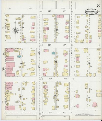 Sanborn Fire Insurance Map from Beaver Falls, Beaver County, Pennsylvania (1891), Sheet #0008 - Complete Map Set gallery image, historic Sanborn map, vintage wall art, Pennsylvania Pennsylvania