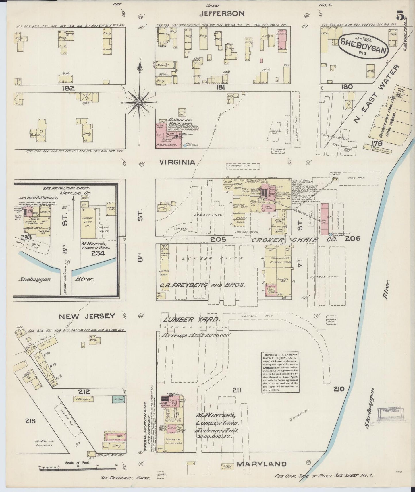 Sanborn Fire Insurance Map from Sheboygan, Sheboygan County, Wisconsin (1884), Sheet #0005 - Historic Sanborn Fire Insurance Map Print, vintage old map wall art, antique decor, genealogy gift, Wisconsin Wisconsin map