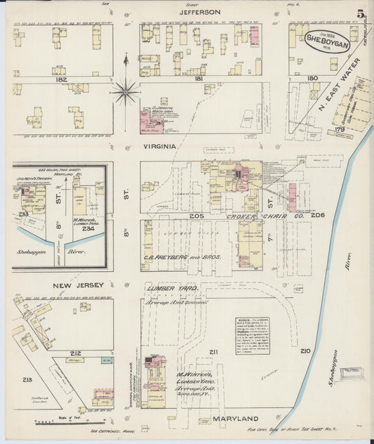 Sanborn Fire Insurance Map from Sheboygan, Sheboygan County, Wisconsin (1884), Sheet #0005 - Historic Sanborn Fire Insurance Map Print, vintage old map wall art, antique decor, genealogy gift, Wisconsin Wisconsin map