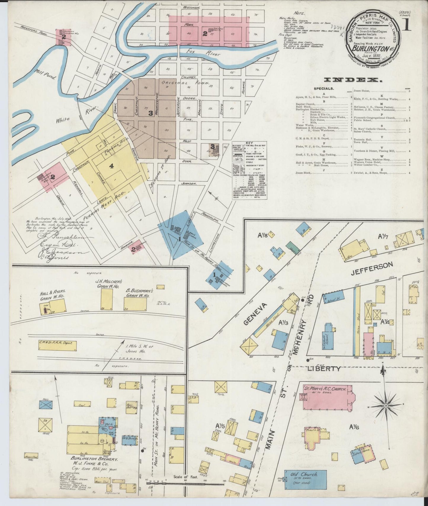 Sanborn Fire Insurance Map from Burlington, Racine County, Wisconsin (1892), Sheet #0001 - Complete Map Set gallery image, historic Sanborn map, vintage wall art, Wisconsin Wisconsin
