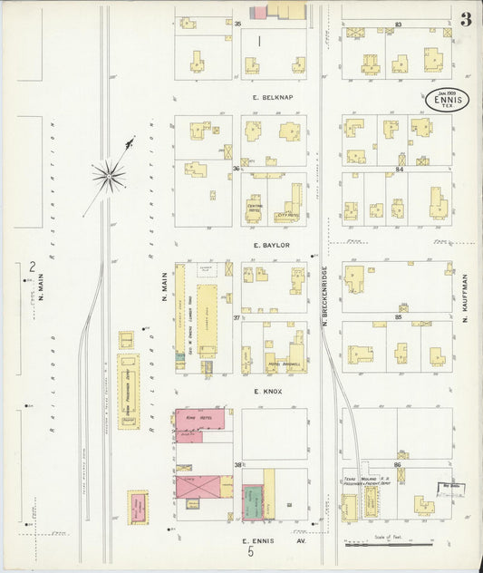 Sanborn Fire Insurance Map from Ennis, Ellis County, Texas (1909), Sheet #0003 - Historic Sanborn Fire Insurance Map Print, vintage old map wall art, antique decor, genealogy gift, Texas Texas map
