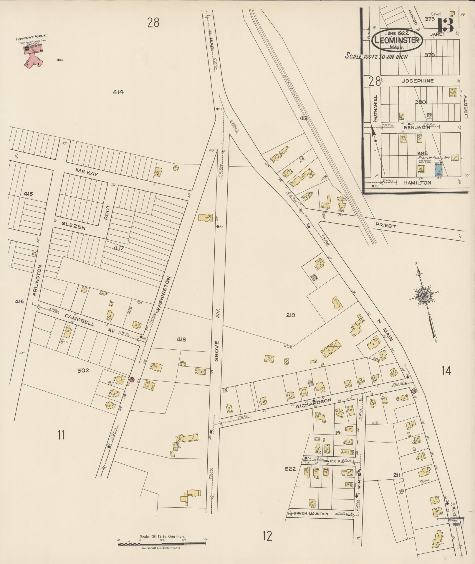 Sanborn Fire Insurance Map from Leominster, Worcester County, Massachusetts (1922), Sheet #0013 - Complete Map Set gallery image, historic Sanborn map, vintage wall art, Massachusetts Massachusetts