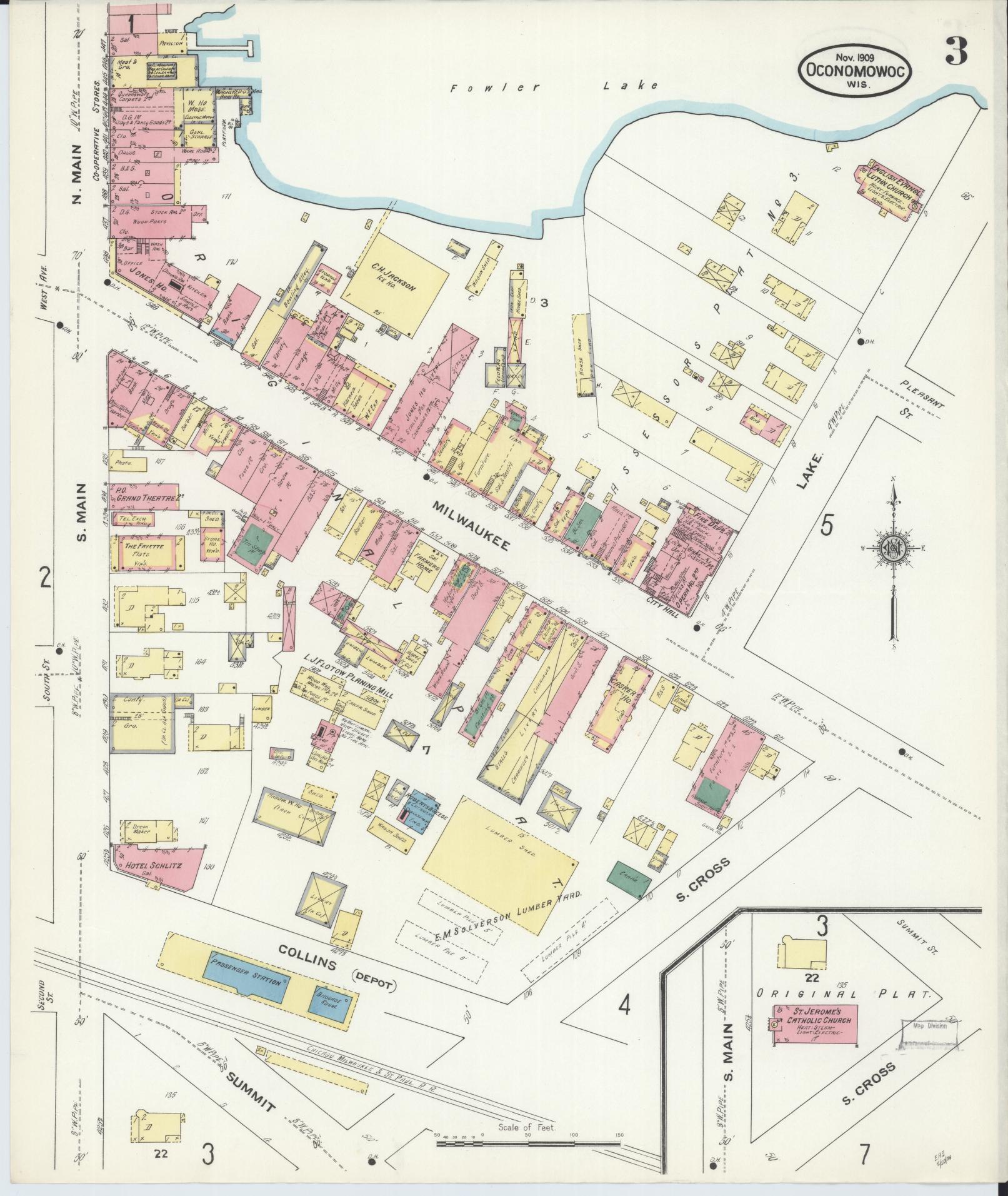Sanborn Fire Insurance Map from Oconomowoc, Waukesha County, Wisconsin (1909), Sheet #0003 - Historic Sanborn Fire Insurance Map Print, vintage old map wall art, antique decor, genealogy gift, Wisconsin Wisconsin map