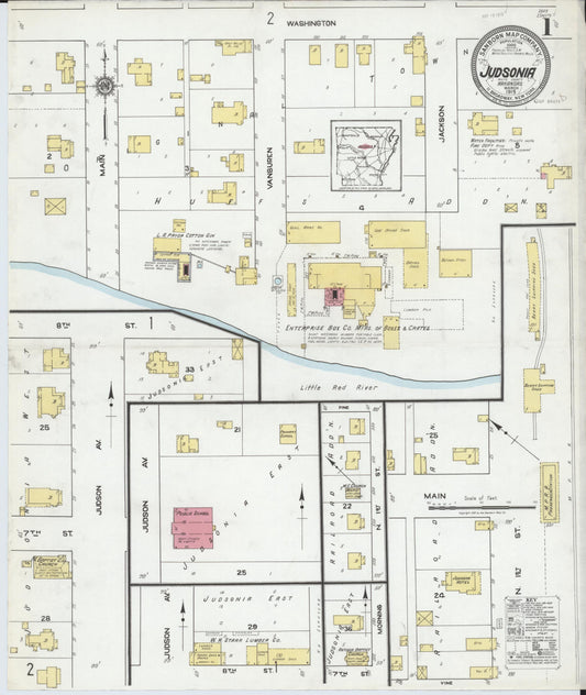 Sanborn Fire Insurance Map from Judsonia, White County, Arkansas (1919), Sheet #0001 - Complete Map Set gallery image, historic Sanborn map, vintage wall art, Arkansas Arkansas