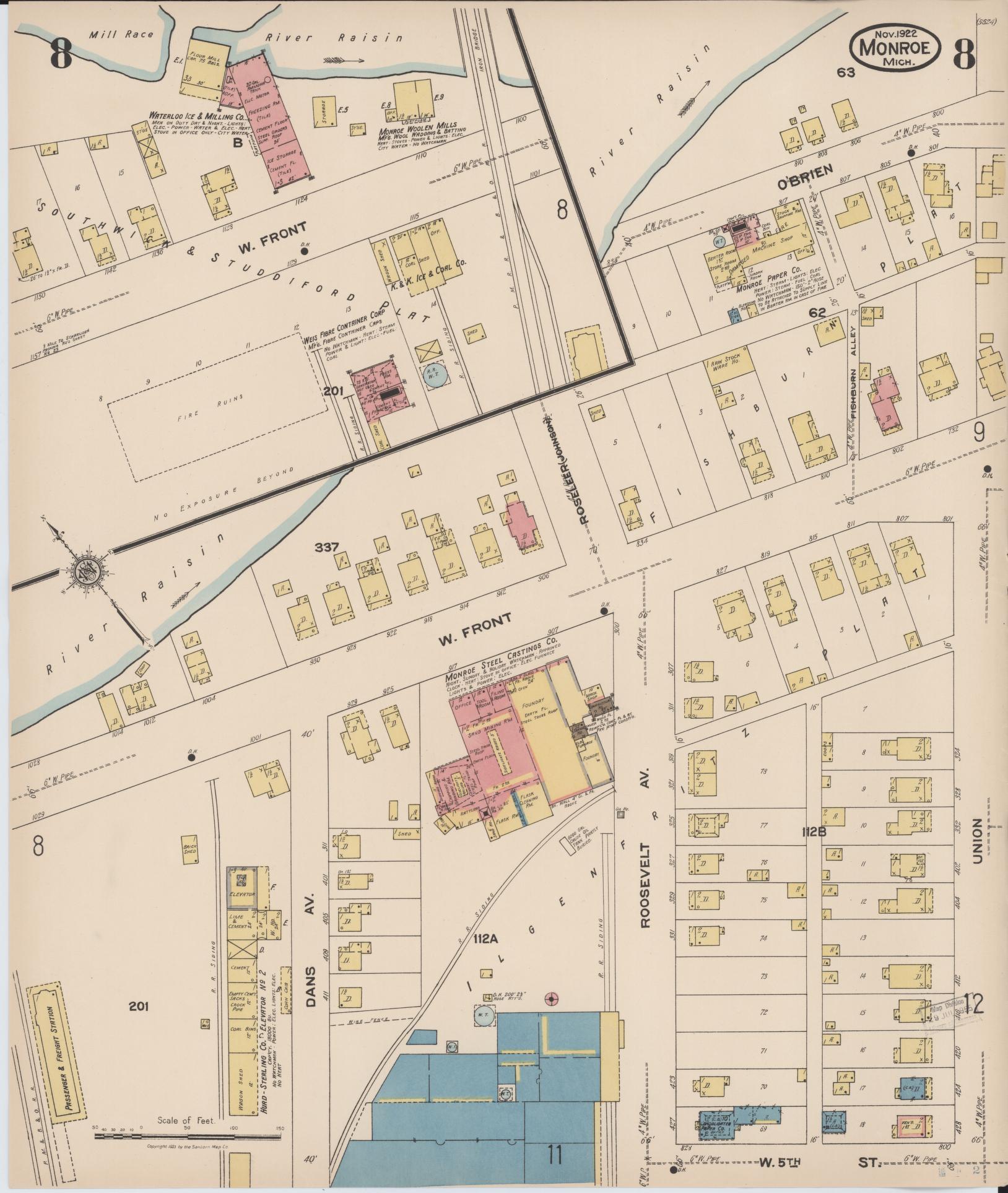 Sanborn Fire Insurance Map from Monroe, Monroe County, Michigan (1922), Sheet #0008 - Complete Map Set gallery image, historic Sanborn map, vintage wall art, Michigan Michigan