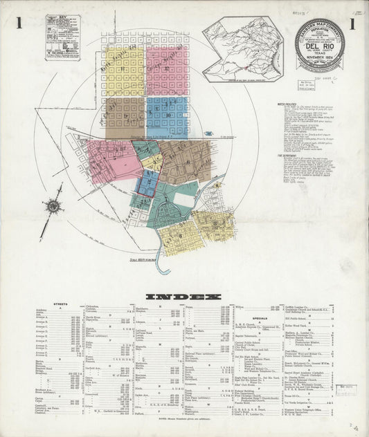 Sanborn Fire Insurance Map from Del Rio, Val Verde County, Texas (1924), Sheet #0001 - Complete Map Set gallery image, historic Sanborn map, vintage wall art, Texas Texas
