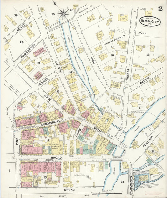 Sanborn Fire Insurance Map from Nevada City, Nevada County, California (1891), Sheet #0002 - Historic Sanborn Fire Insurance Map Print, vintage old map wall art, antique decor, genealogy gift, California California map