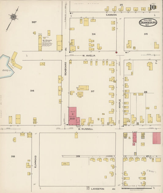 Sanborn Fire Insurance Map from Orangeburg, Orangeburg County, South Carolina (1922), Sheet #0010 - Historic Sanborn Fire Insurance Map Print, vintage old map wall art, antique decor, genealogy gift, South Carolina South Carolina map