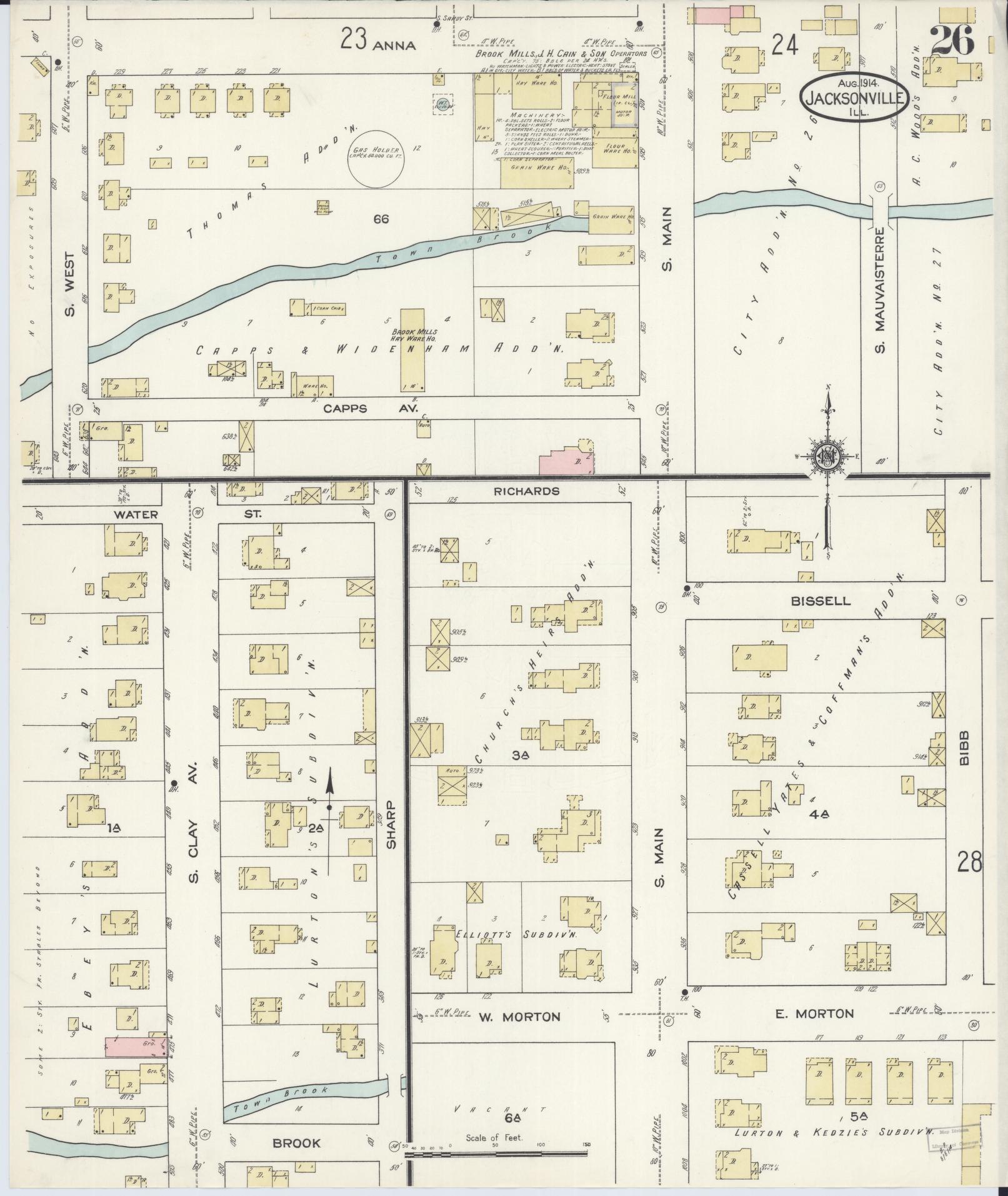 Sanborn Fire Insurance Map from Jacksonville, Morgan County, Illinois (1914), Sheet #0026 - Historic Sanborn Fire Insurance Map Print, vintage old map wall art, antique decor, genealogy gift, Illinois Illinois map