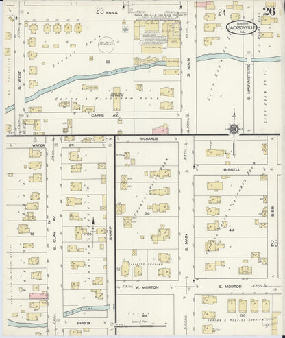 Sanborn Fire Insurance Map from Jacksonville, Morgan County, Illinois (1914), Sheet #0026 - Historic Sanborn Fire Insurance Map Print, vintage old map wall art, antique decor, genealogy gift, Illinois Illinois map