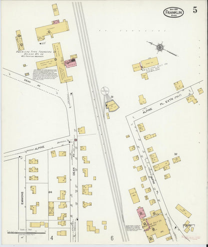 Sanborn Fire Insurance Map from Franklin, Norfolk County, Massachusetts (1919), Sheet #0005 - Historic Sanborn Fire Insurance Map Print, vintage old map wall art, antique decor, genealogy gift, Massachusetts Massachusetts map