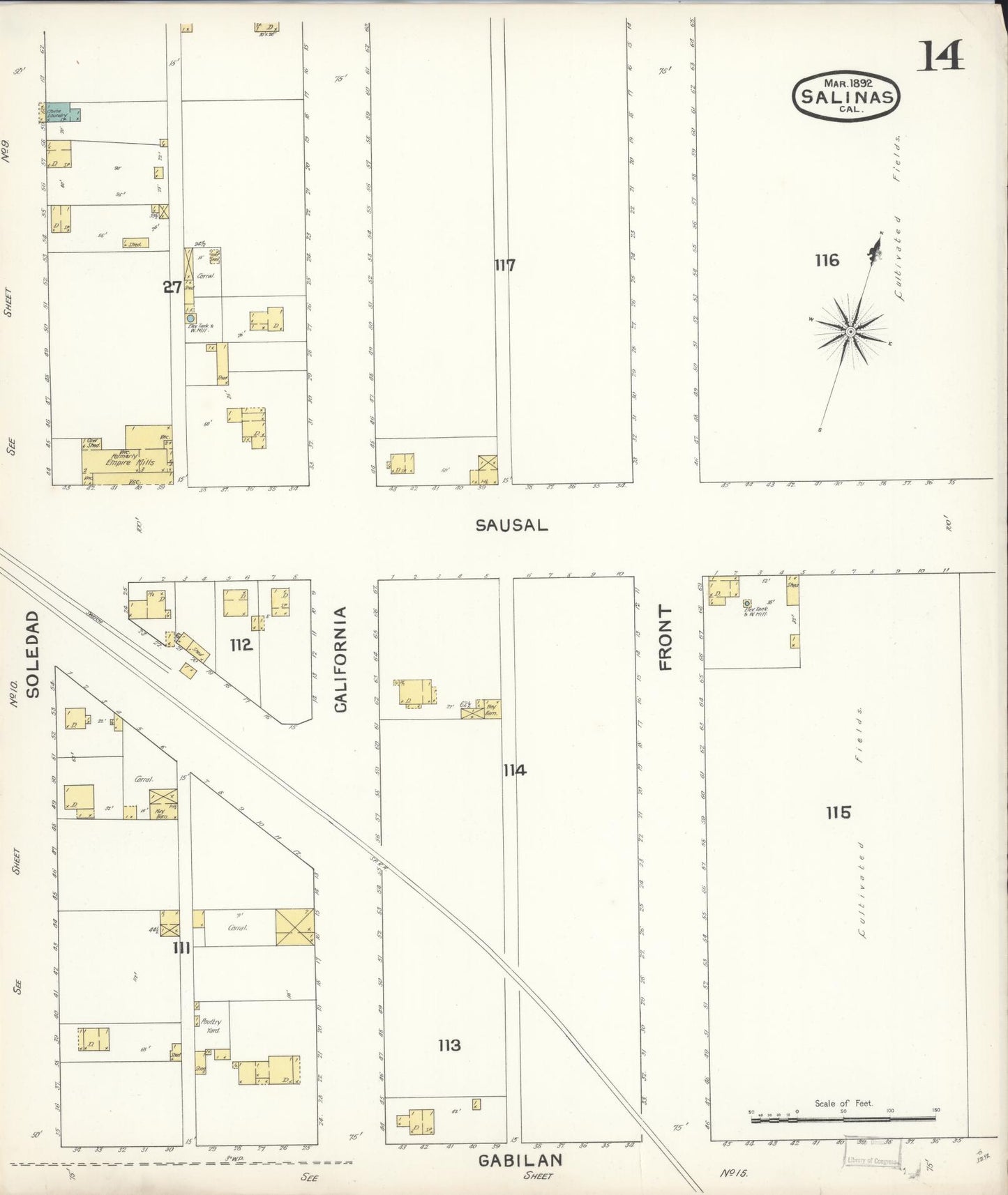 Sanborn Fire Insurance Map from Salinas, Monterey County, California (1892), Sheet #0014 - Complete Map Set gallery image, historic Sanborn map, vintage wall art, California California