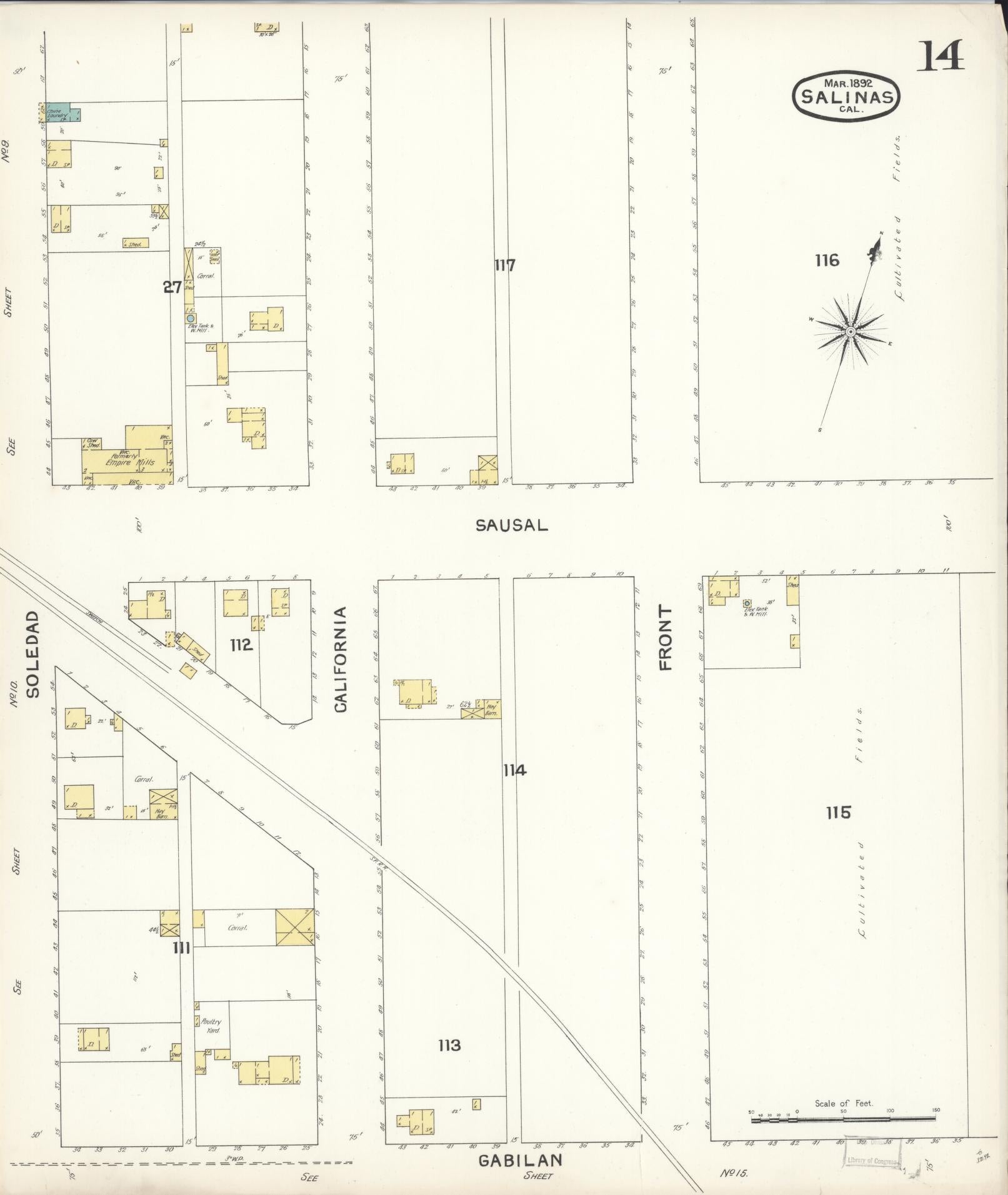 Sanborn Fire Insurance Map from Salinas, Monterey County, California (1892), Sheet #0014 - Complete Map Set gallery image, historic Sanborn map, vintage wall art, California California
